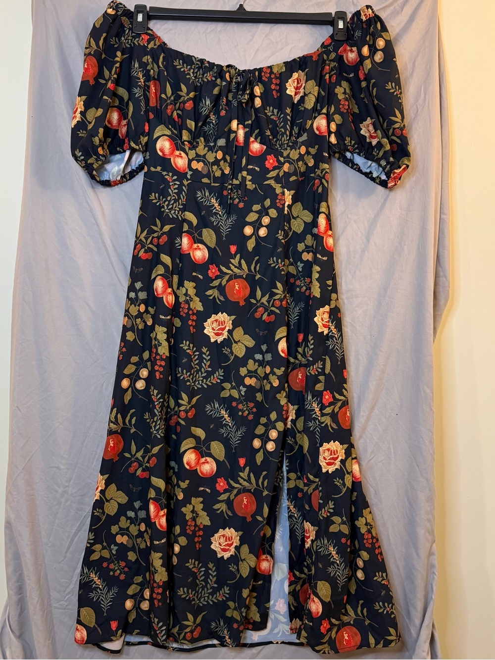 Cider Women’s 1X Navy Floral Smocked Midi Dress Square Neck Puff Sleeves